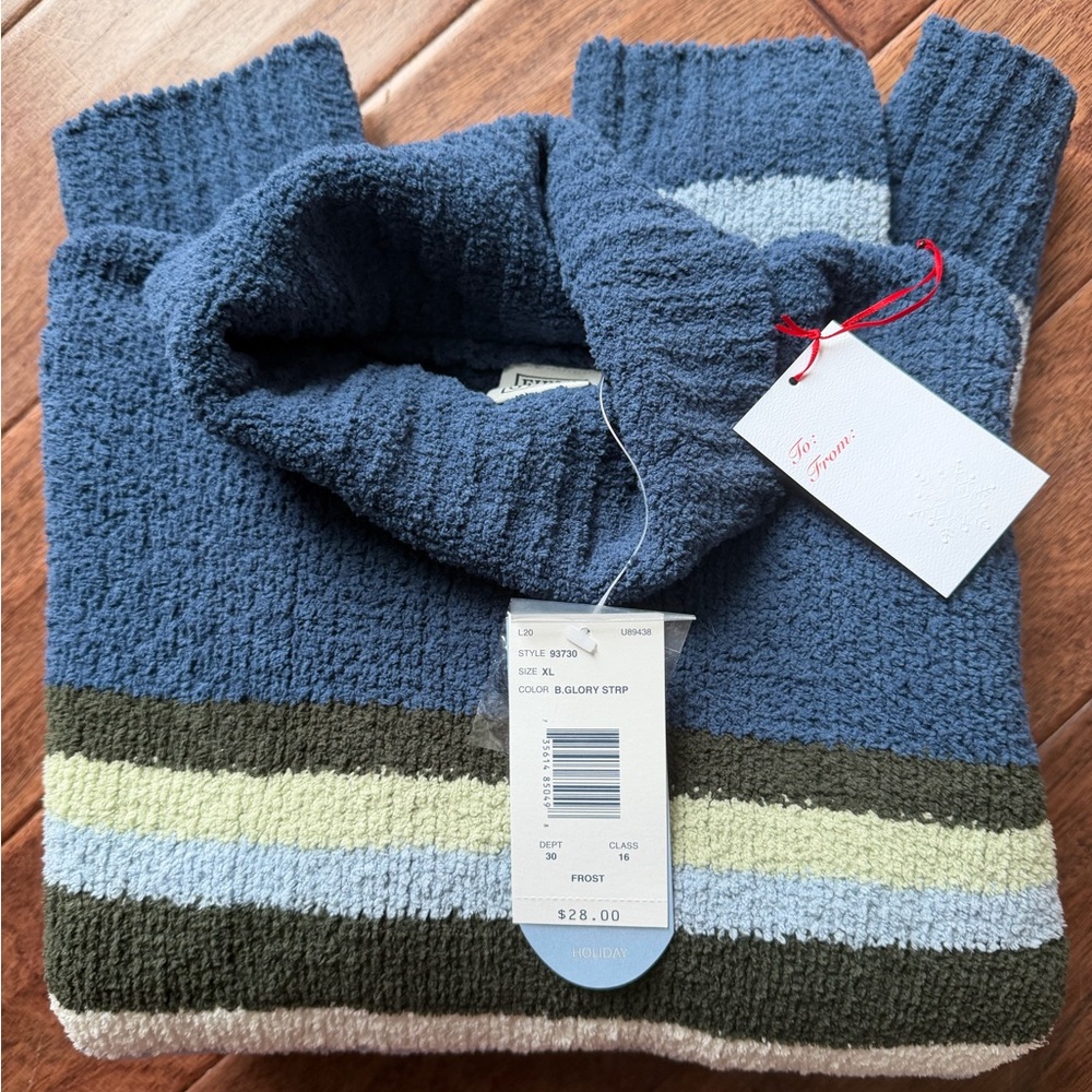 Elegant Blue and Green Striped Turtleneck Sweater